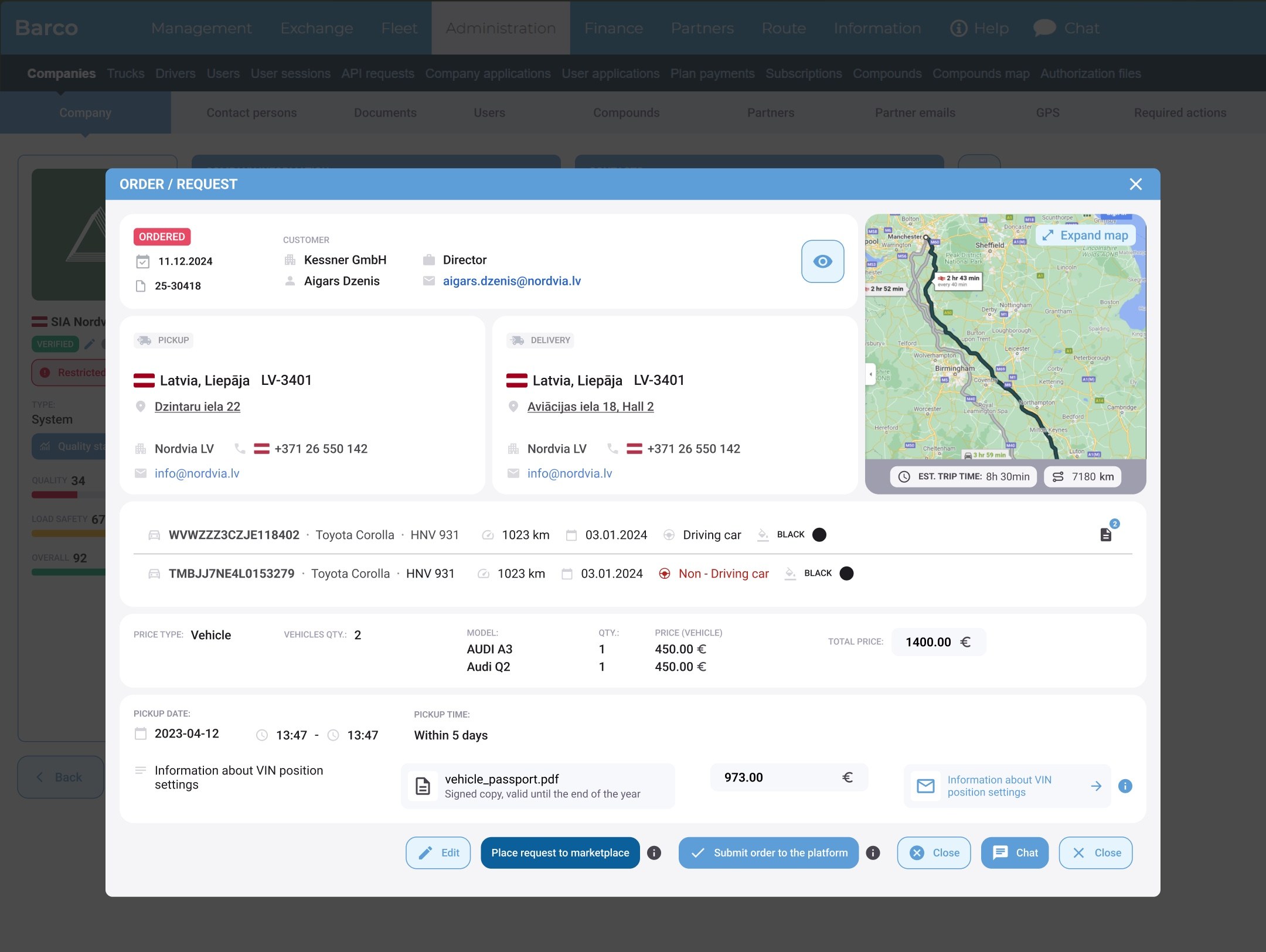 Order modal on the web: pickup, delivery, vehicles and price in groups