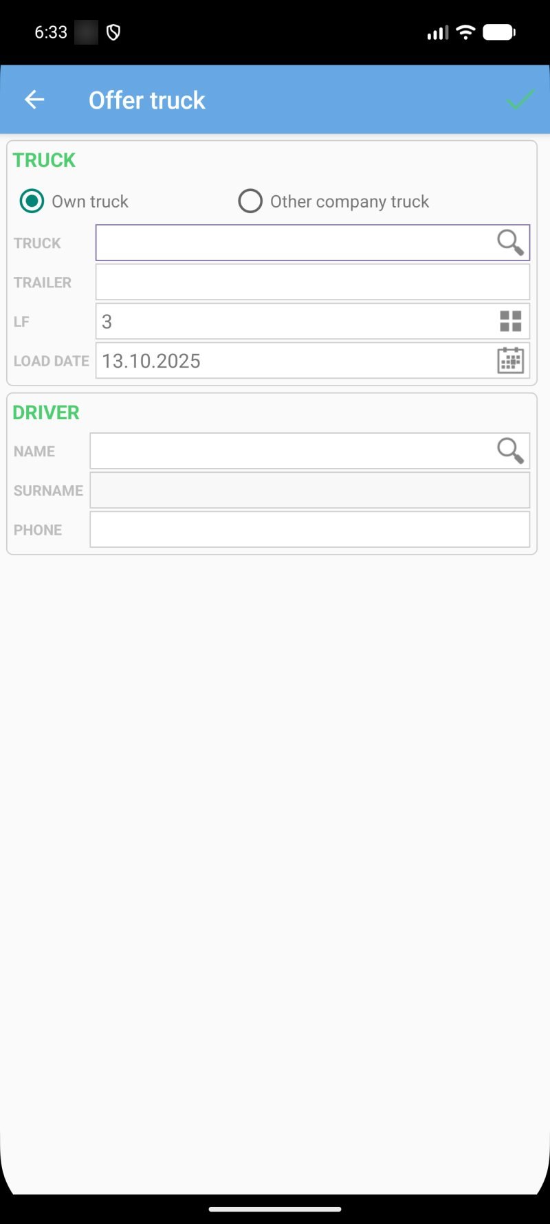 Old app: the offer truck form with empty, unexplained fields
