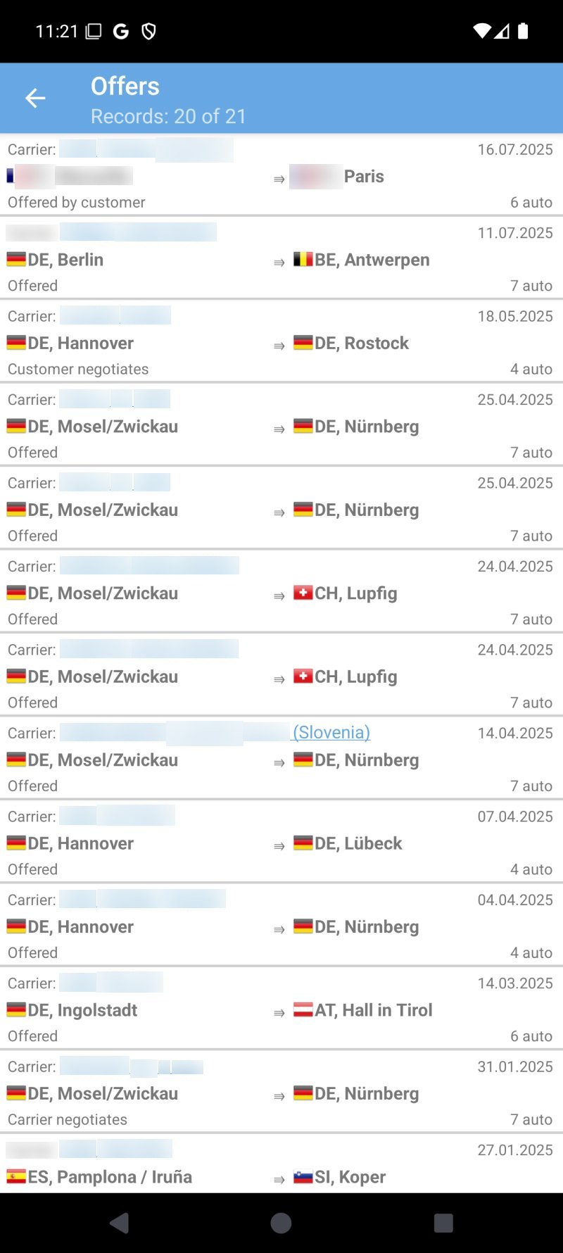 Old app: the offers list, row after row of the same grey text