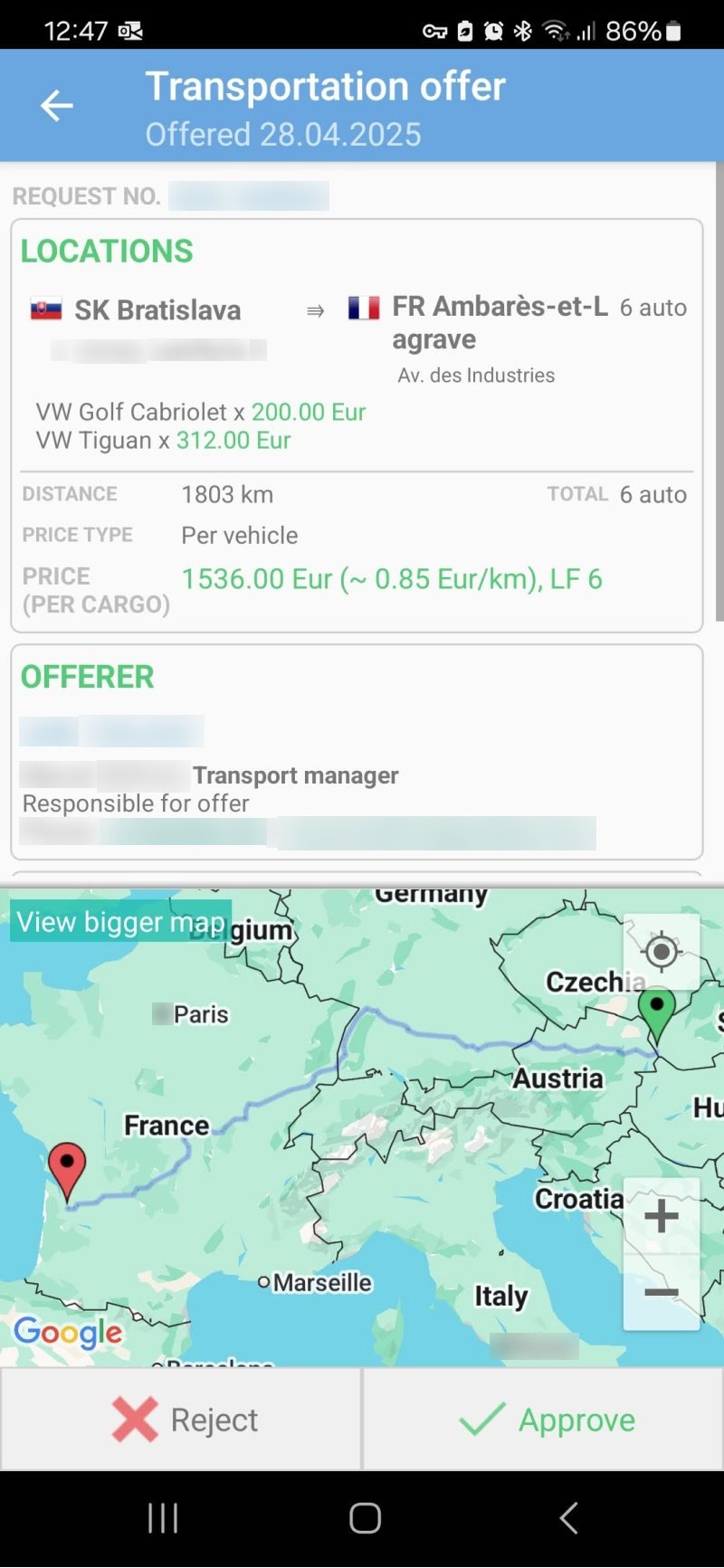 Old app: a transportation offer with the map on half the screen