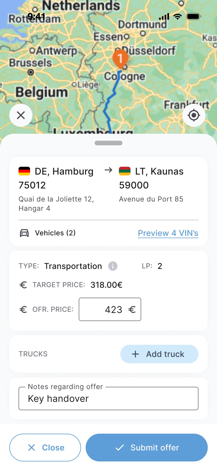 New offer, price per transportation