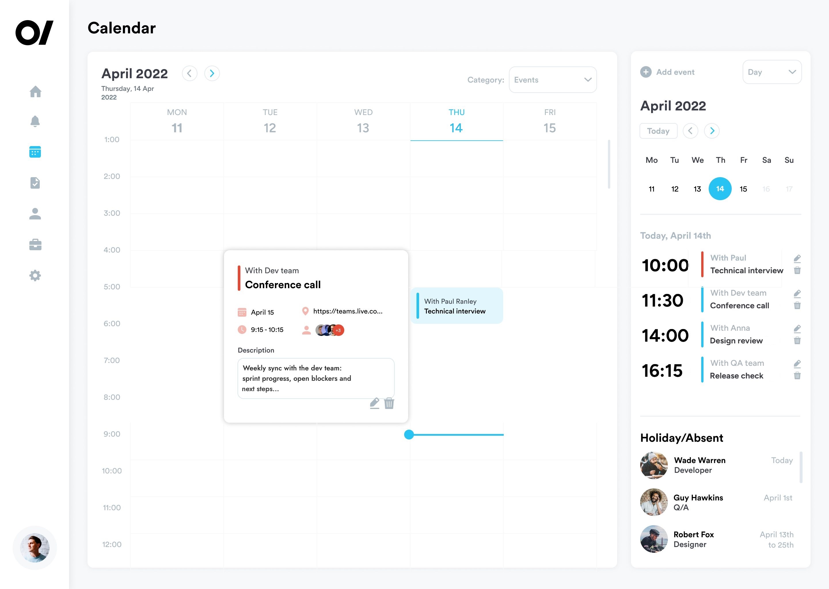 Events calendar, week view
