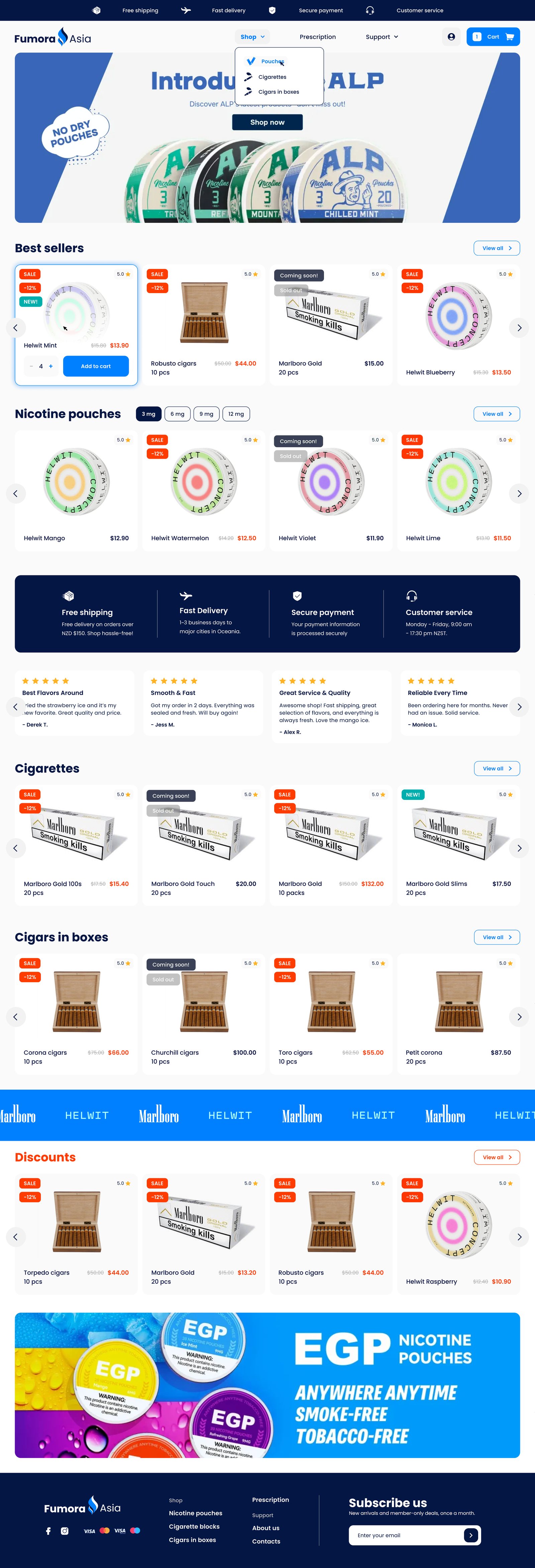 Fumora Asia homepage: new products banner, best sellers, nicotine pouches by strength