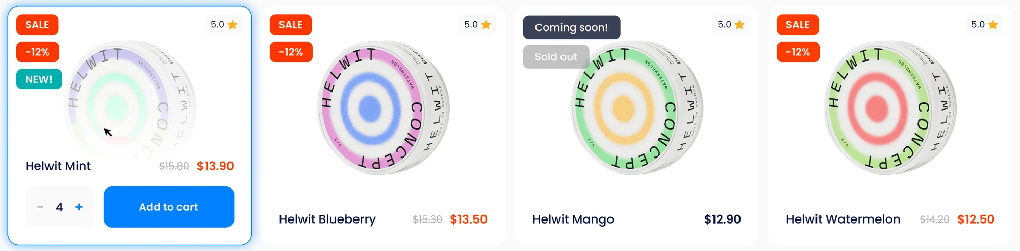 A row of product cards: sale and new badges, a sold-out product, ratings, old and new prices; the first card shows quantity and Add to cart