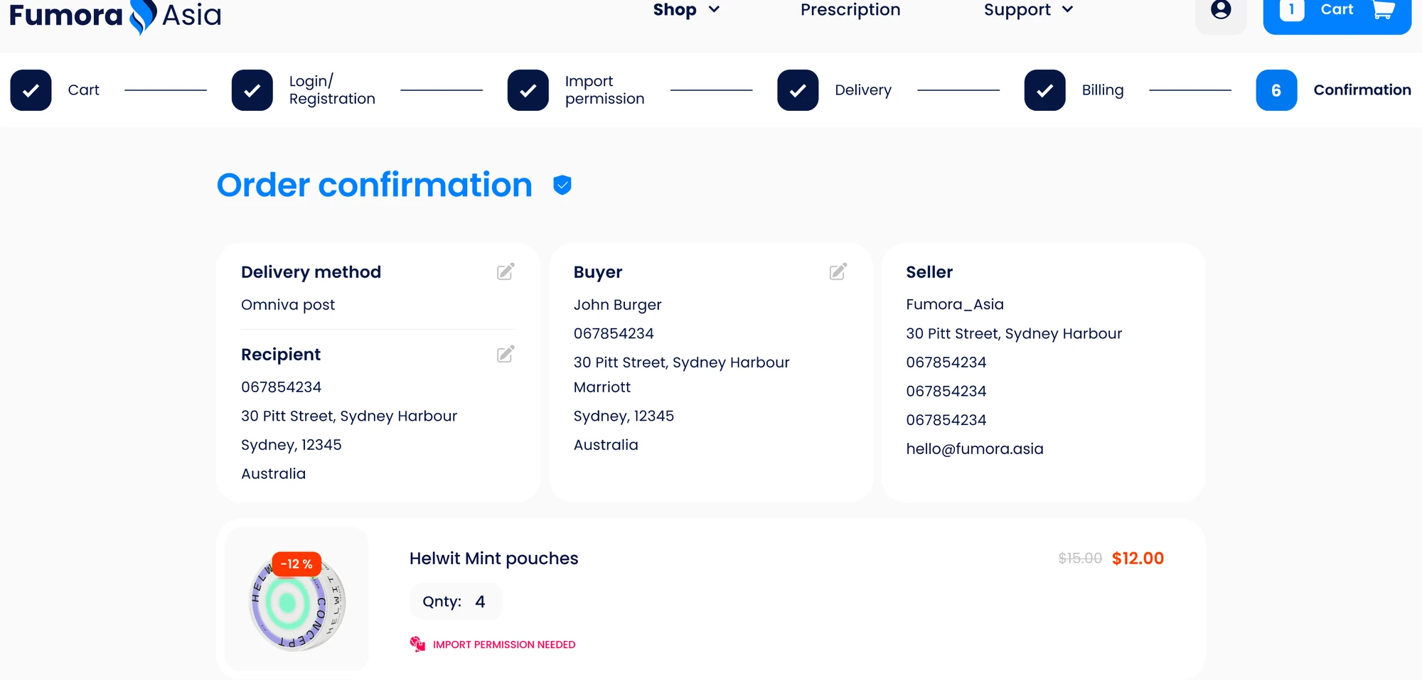 Order confirmation: progress bar with five finished steps, delivery method, buyer and seller, the ordered products