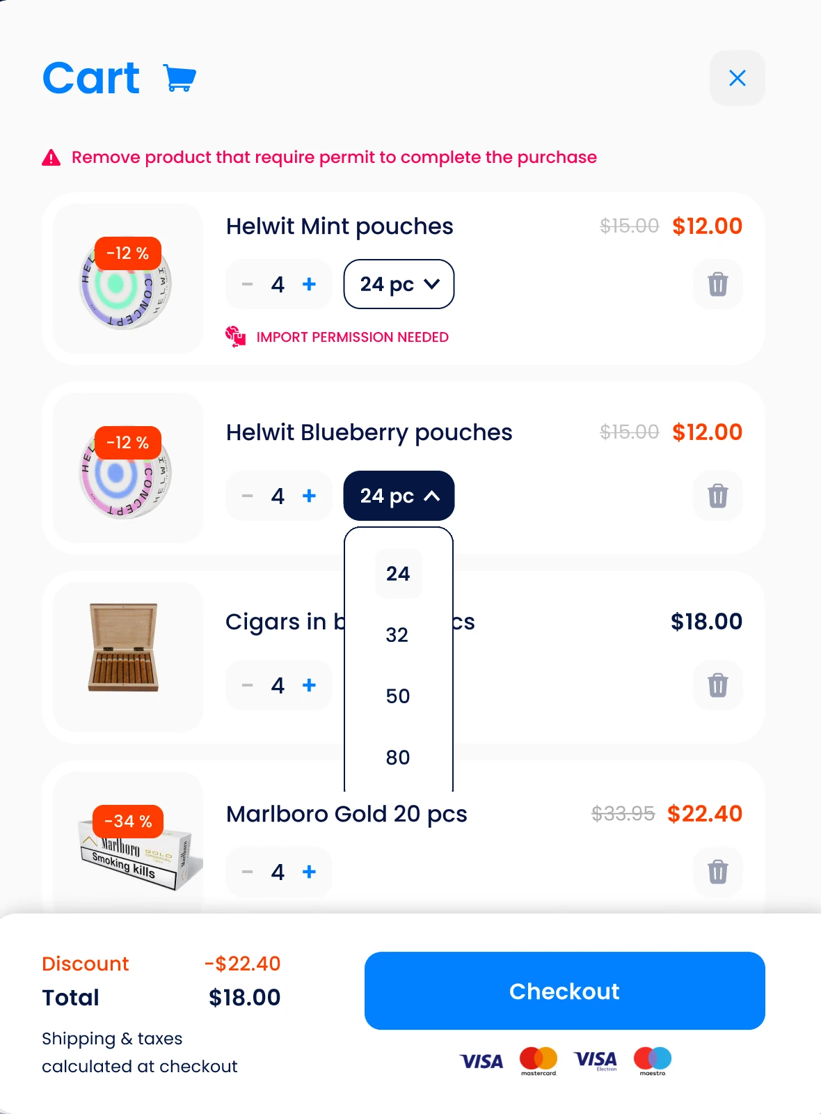 Cart panel with four products and a note that one needs an import permit