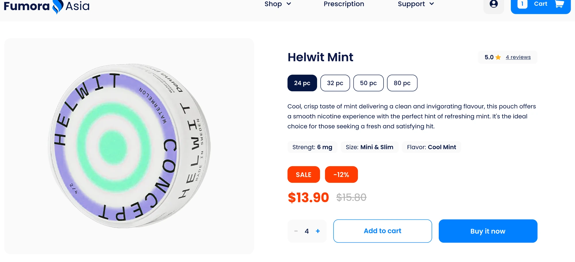 Product page: Helwit Mint, pack sizes 24, 32, 50 and 80, strength, size and flavour, price with discount, Add to cart and Buy it now
