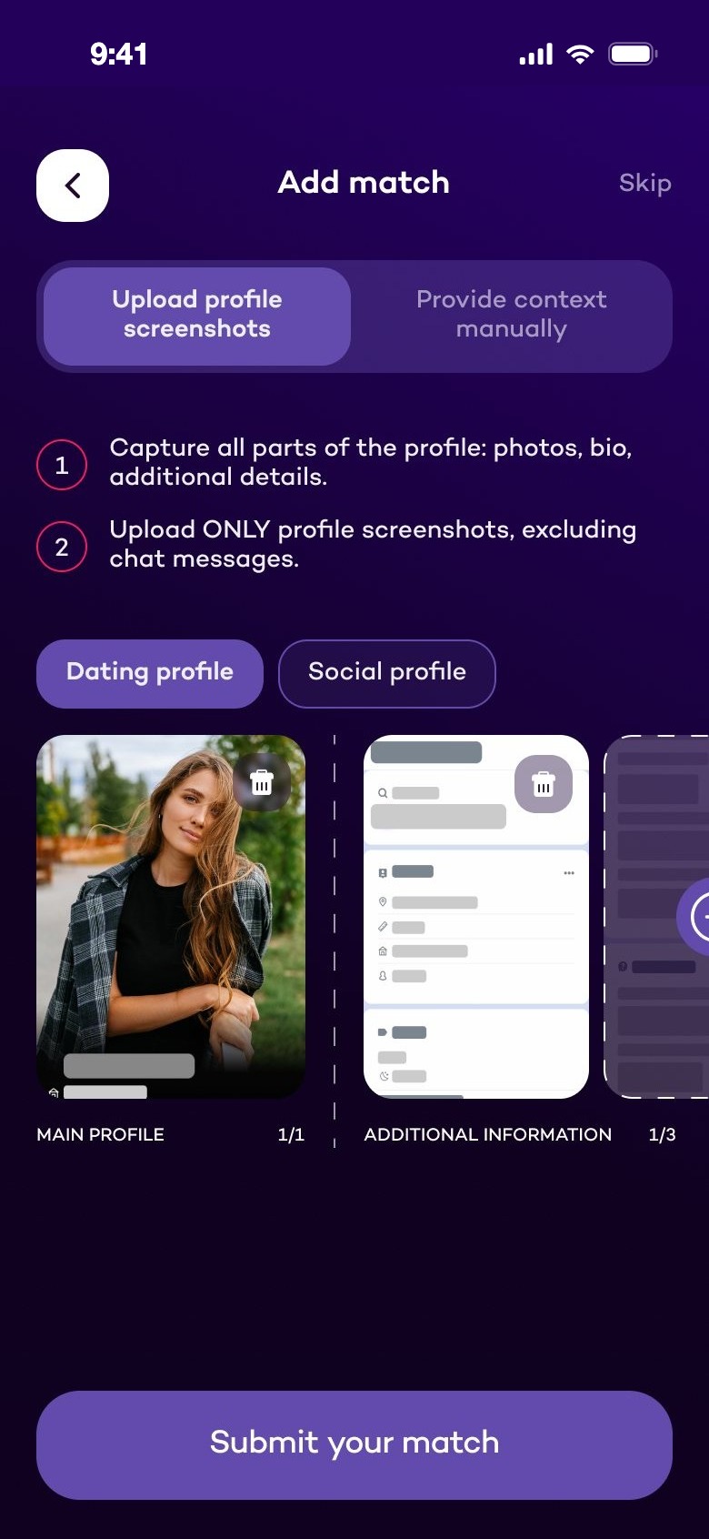 Add match from profile screenshots