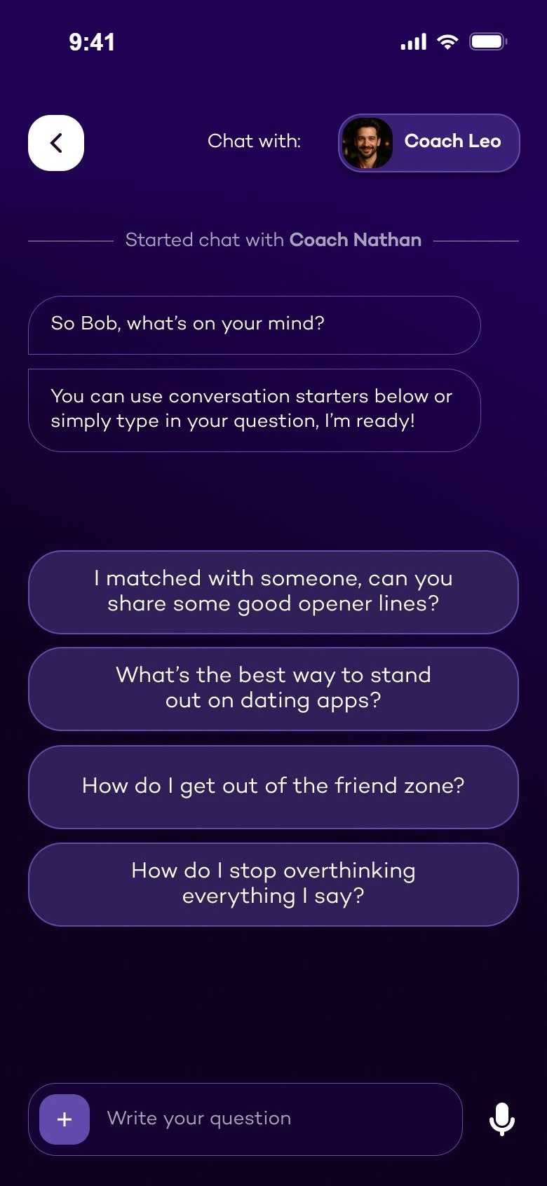 Chat with Coach Leo, with conversation starters