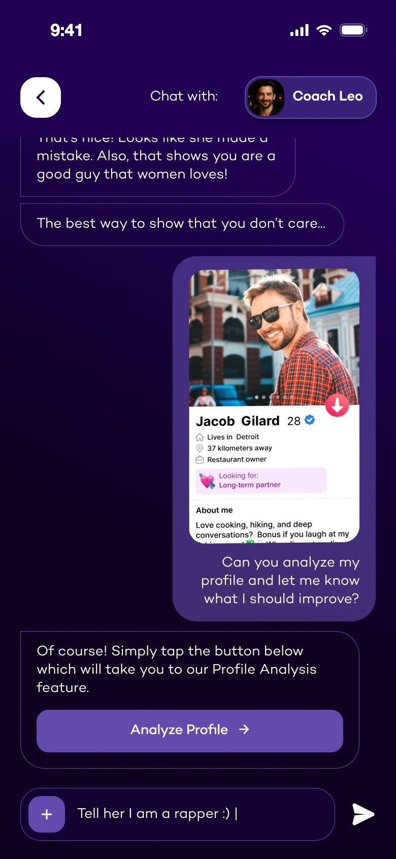 Coach chat with a button to Profile Analysis