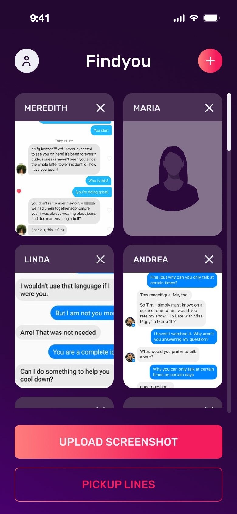 Old matches: a grid of chat screenshots