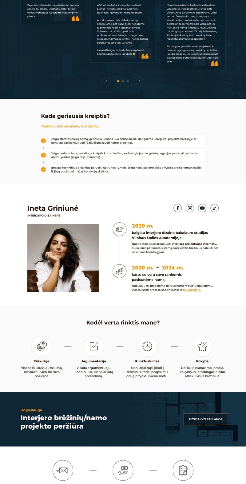 New page, part 2: benefits, reviews, when to contact, about the designer