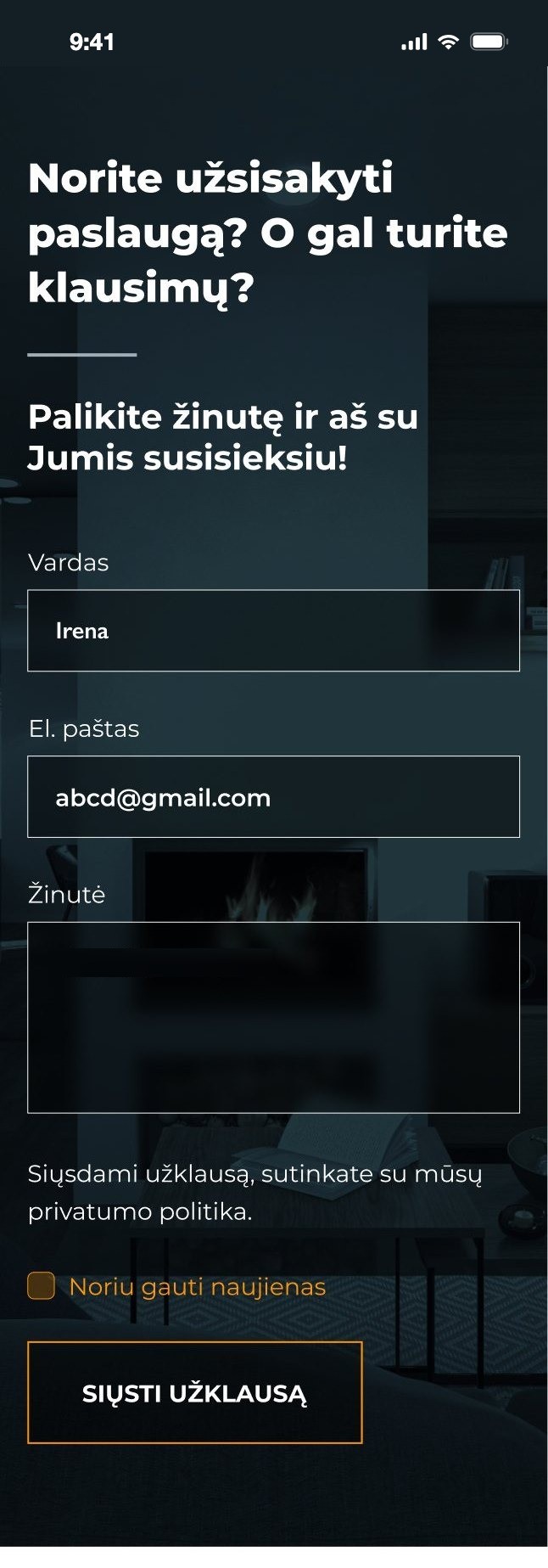 Order form on a phone, hover to scroll
