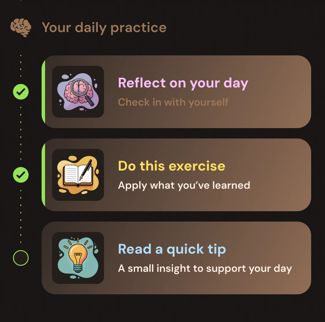 Your daily practice: reflect, exercise, quick tip