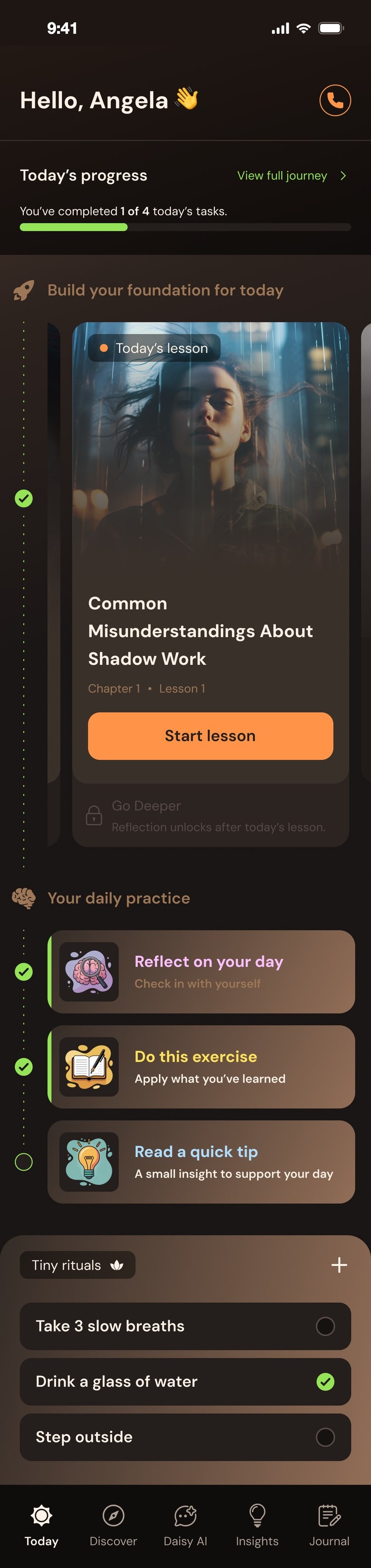 Today: Hello, Angela, today's progress and the lesson of the day