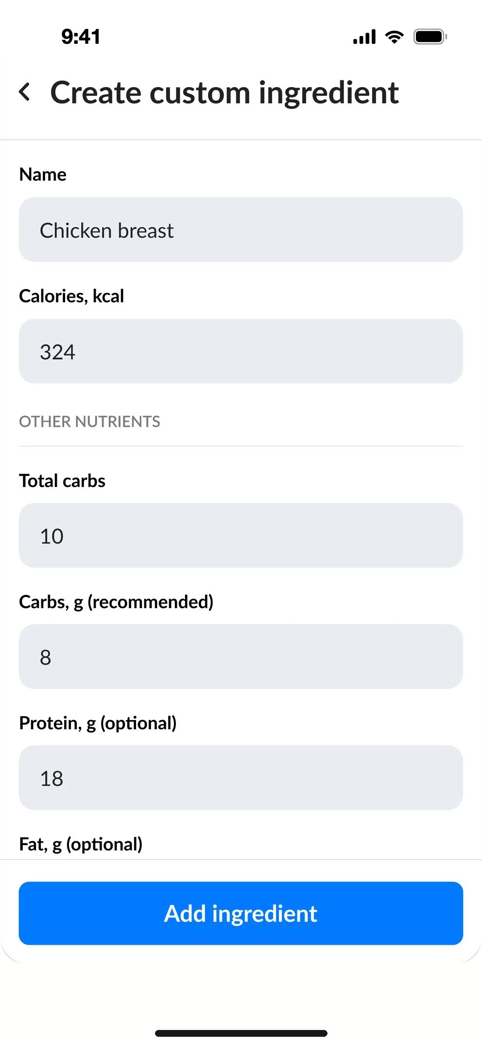 Create custom ingredient, filled