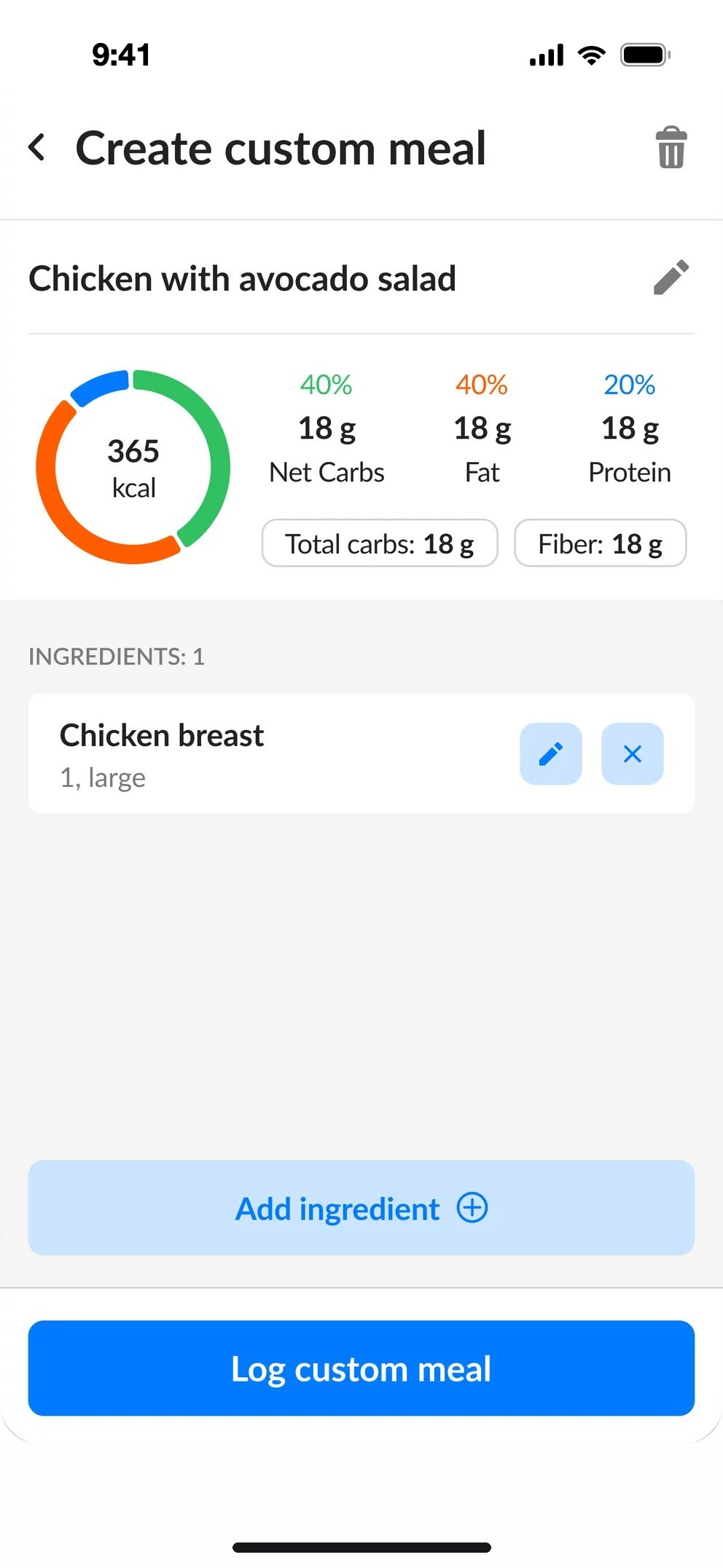 Custom meal screen