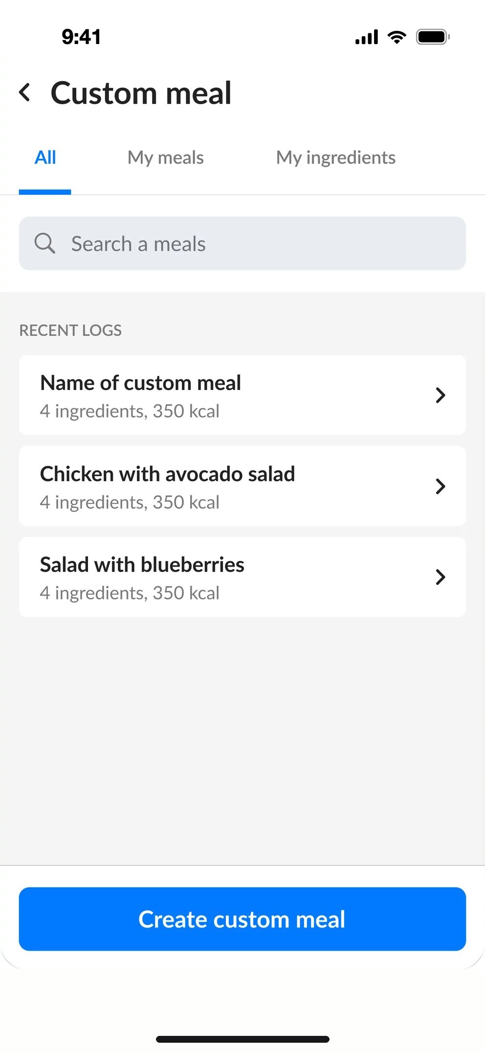 Custom meal, recent logs