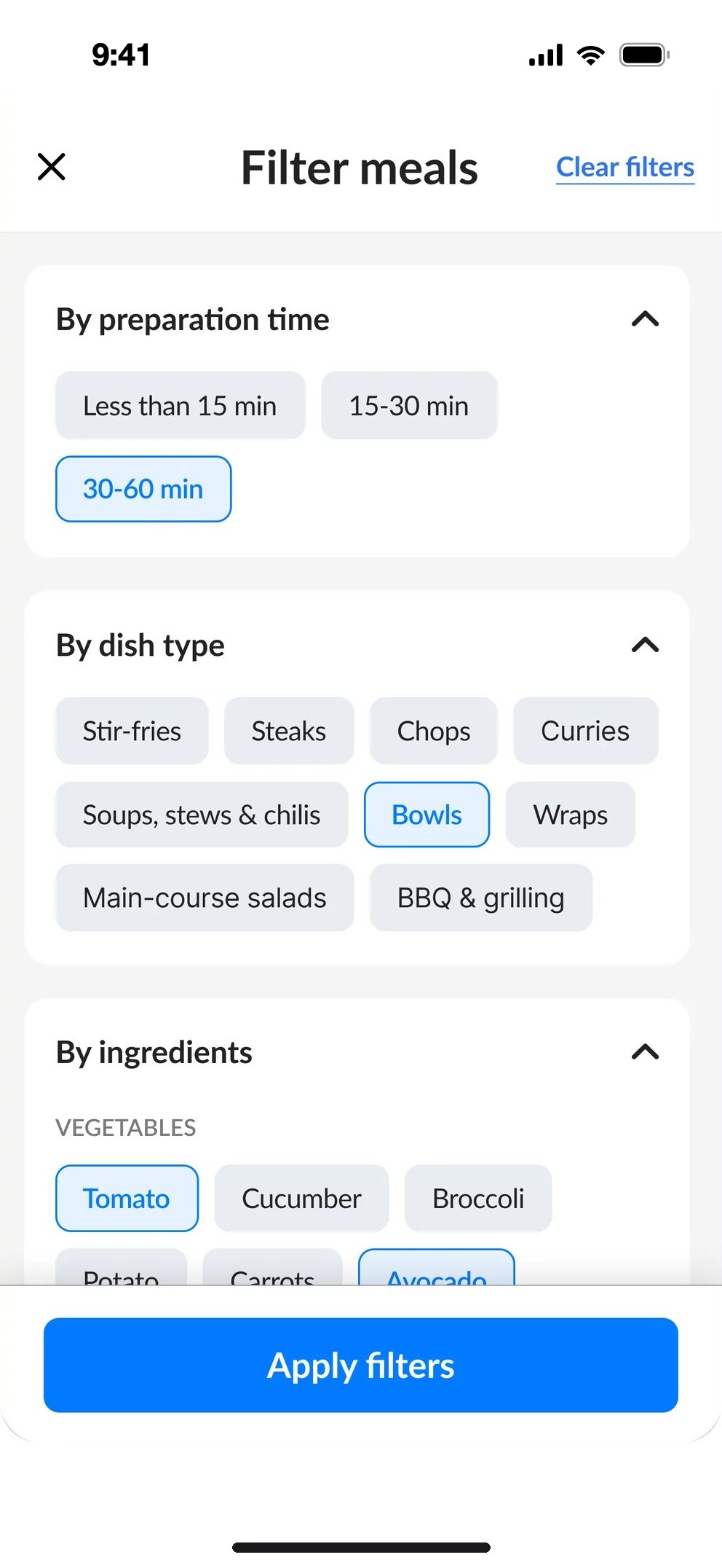 Filter meals