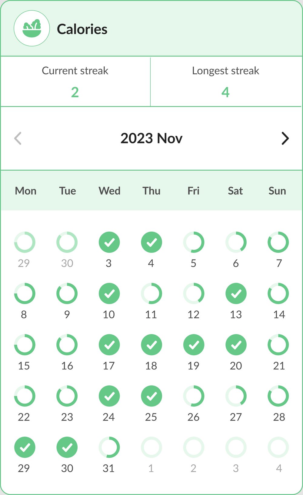 Calories streak calendar