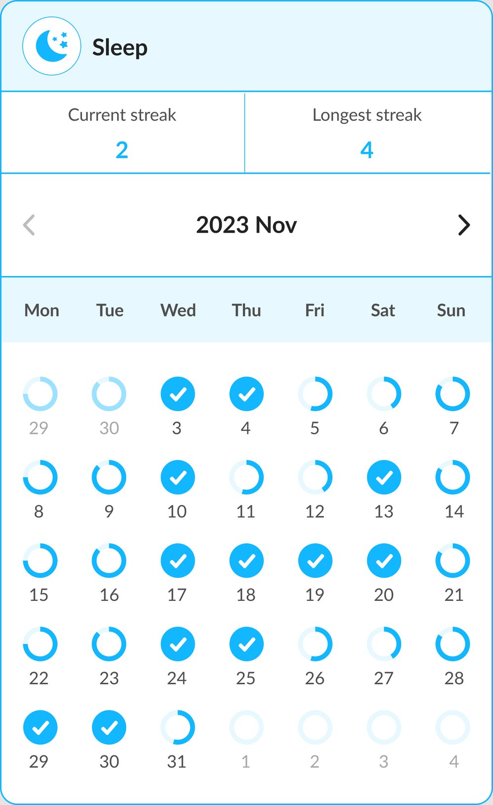 Sleep streak calendar