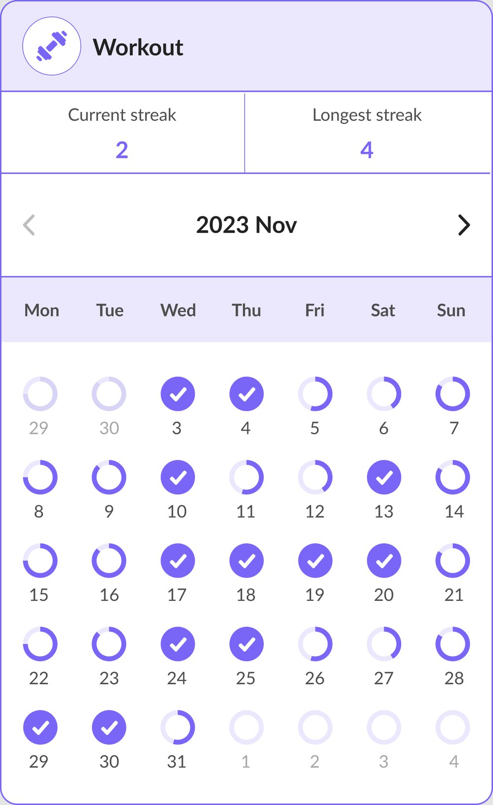 Workout streak calendar