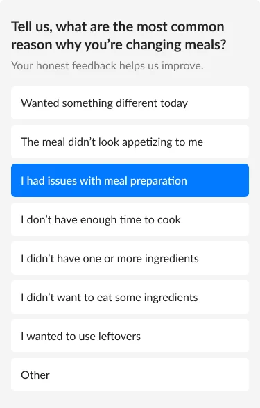 In-app survey question with eight answer options