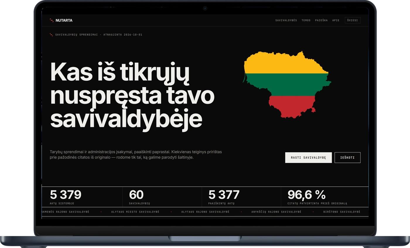 Nutarta home page, dark theme