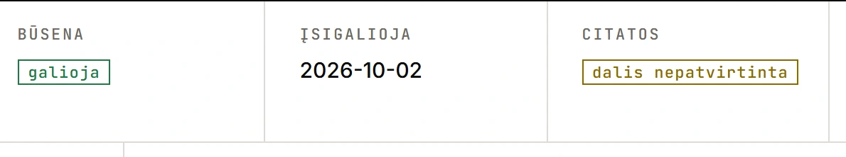 Status tags on an act: galioja (in force), in force from 2026-10-02, dalis nepatvirtinta (some quotes not verified)