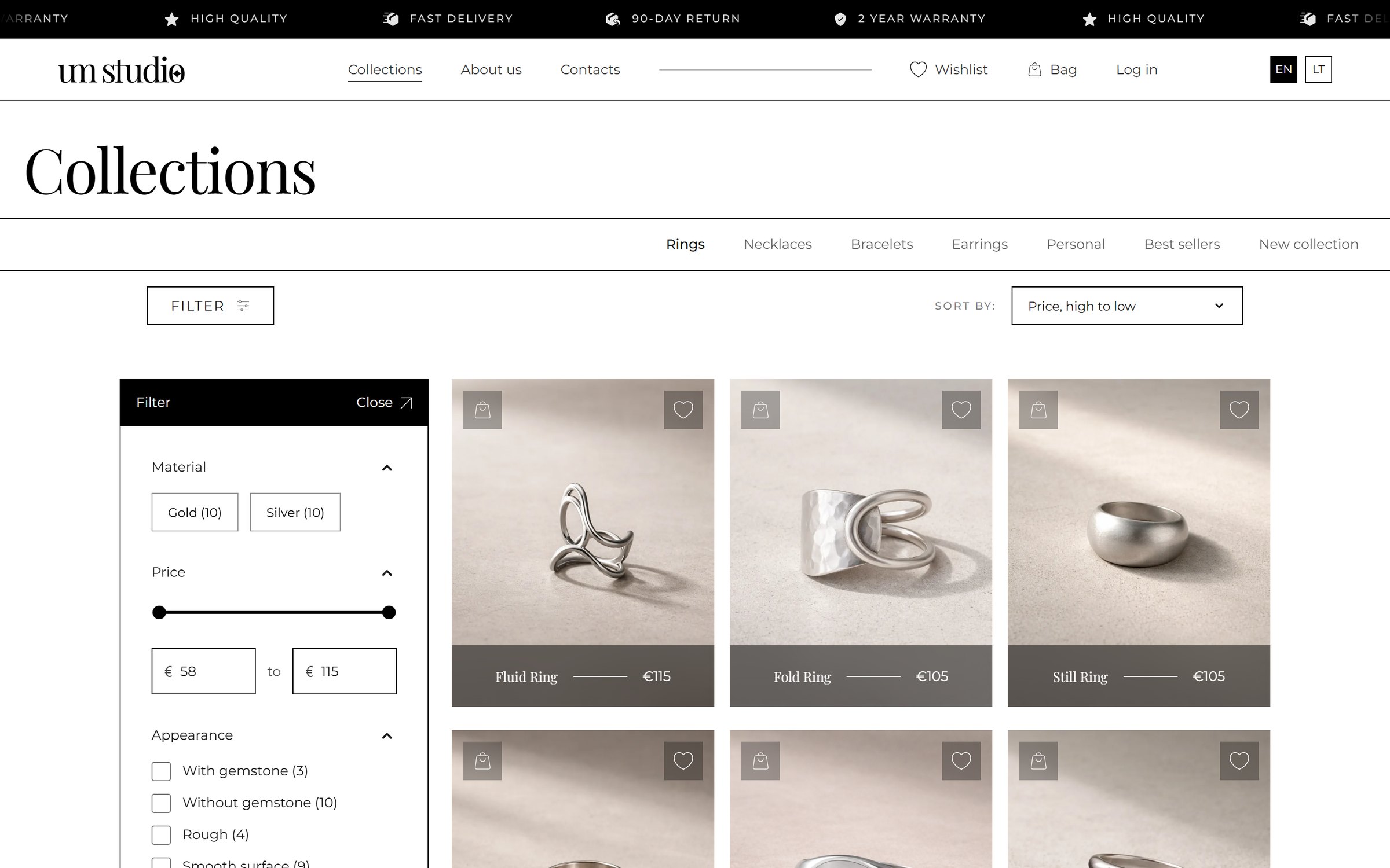 Filter panel open on the collections page