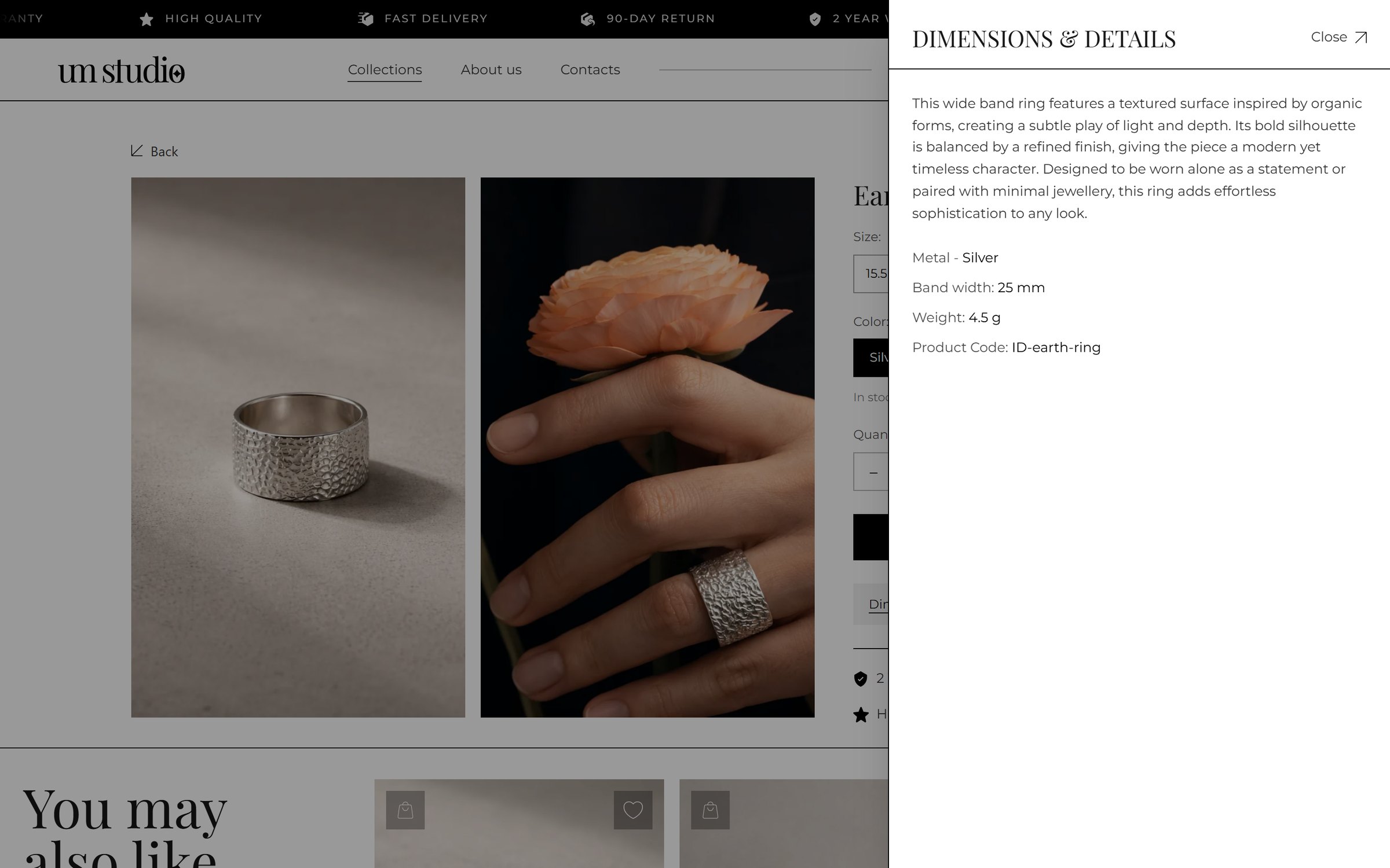 Dimensions and details drawer on the product page