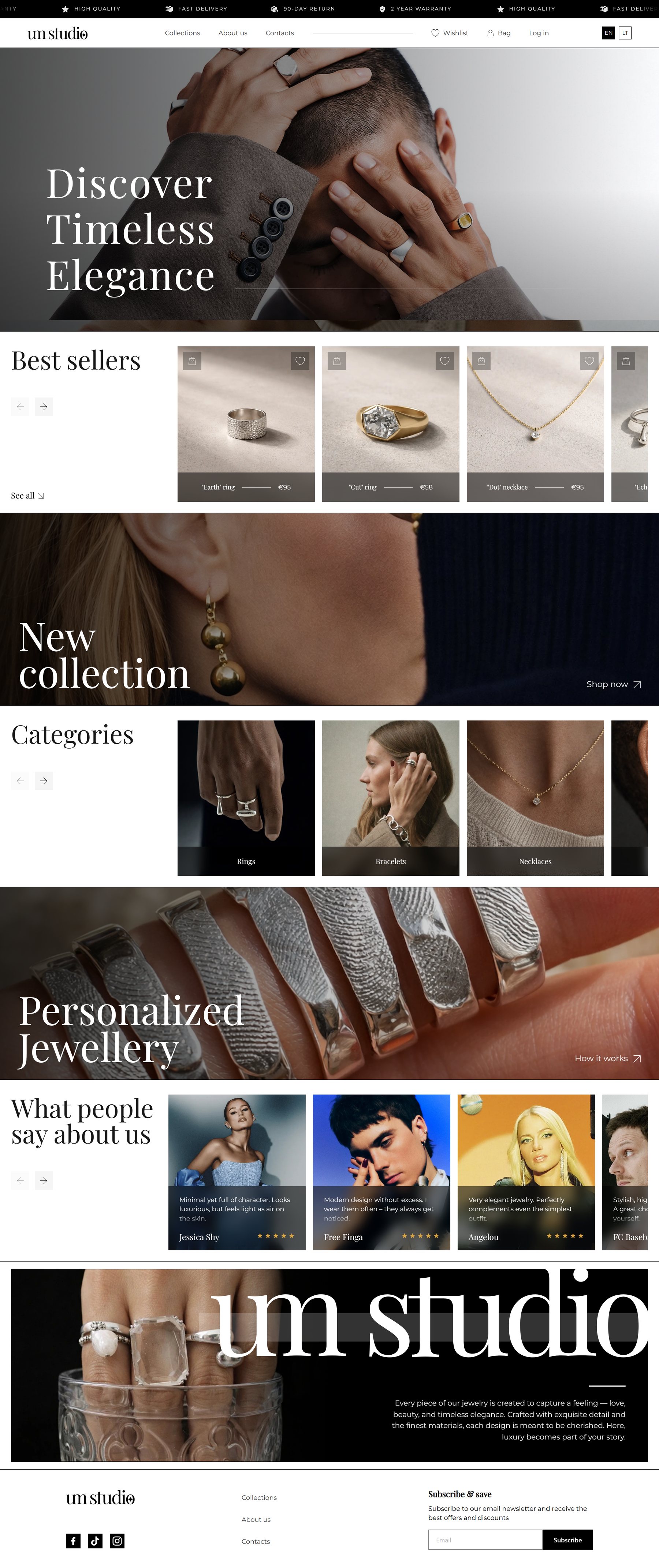 Homepage, from the first photograph to the footer; hover to scroll