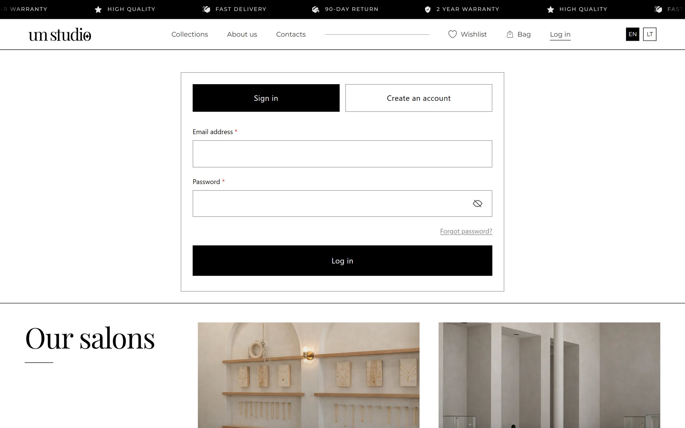 Log in and create account