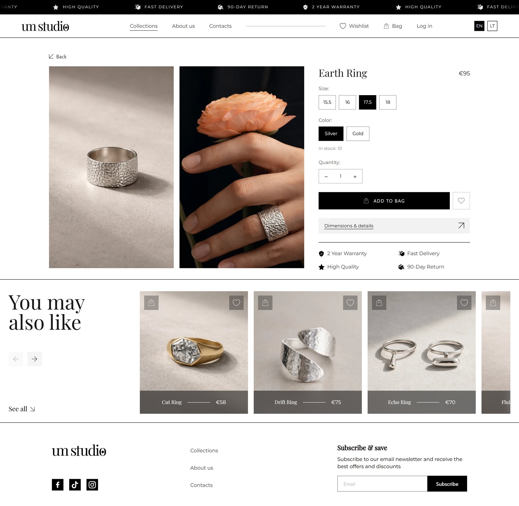 Product page: two photos, size, colour, stock and related pieces