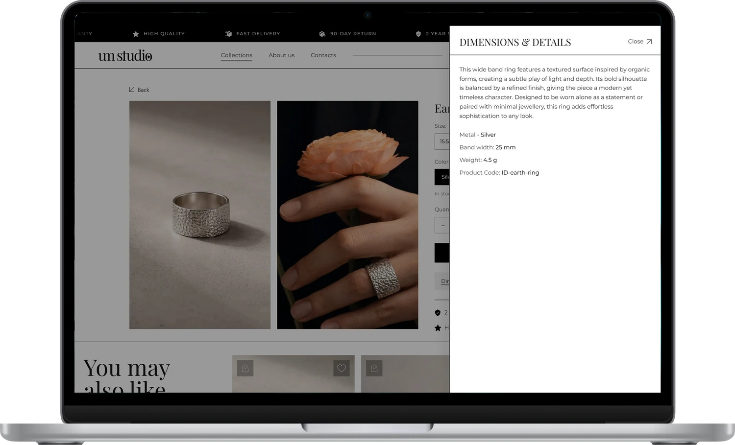Product page with the dimensions and details drawer open