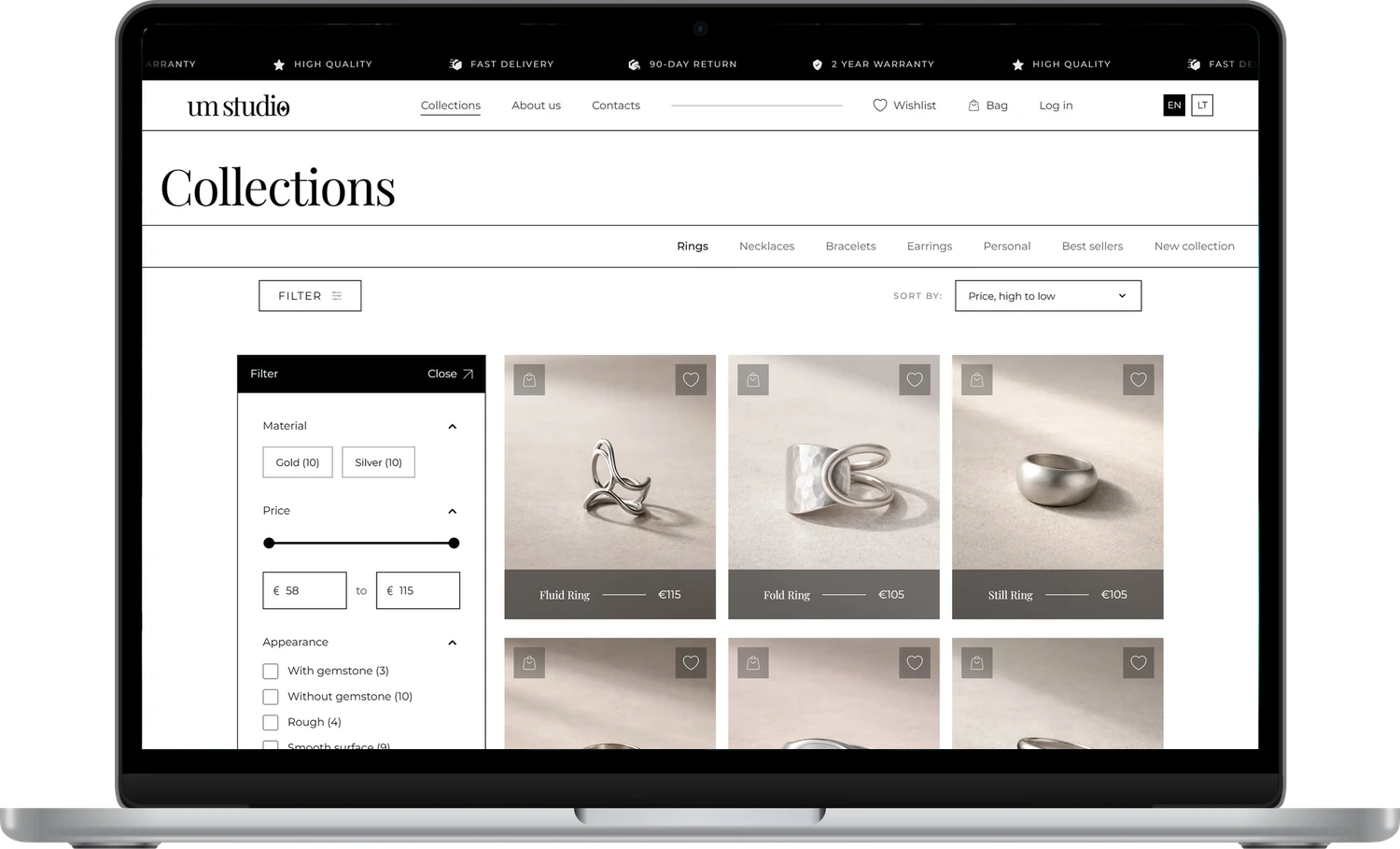 Collections page with the filter panel open