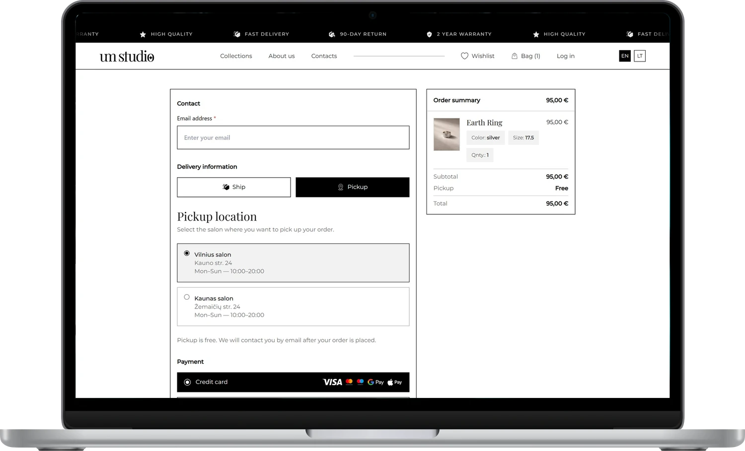One-page checkout with salon pickup and the order summary