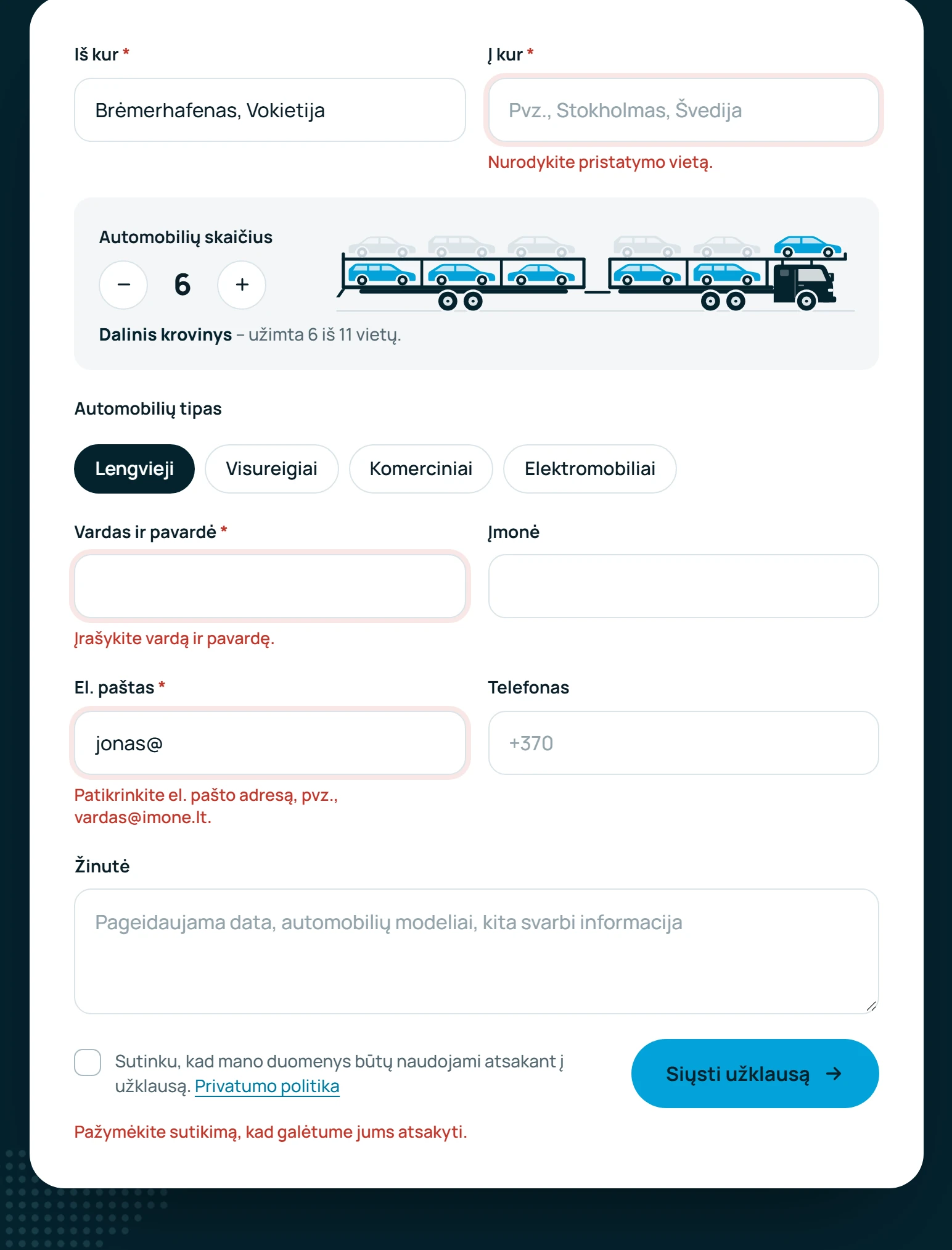 Quote form: route, number of cars with the carrier filling up, car type chips, contact fields, inline error messages