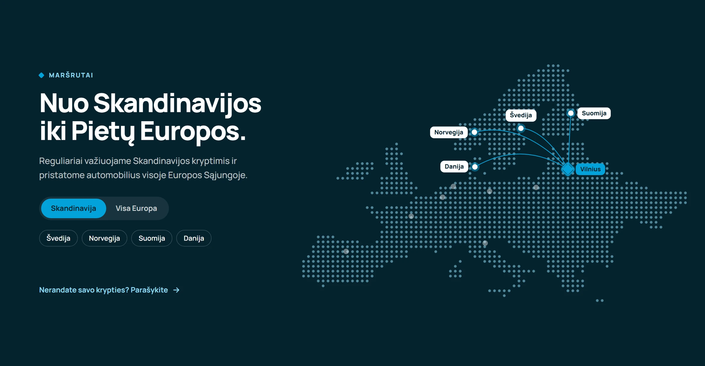 Routes section: a dotted map of Europe with lines from Vilnius to Sweden, Norway, Finland and Denmark; tabs Skandinavija and Visa Europa