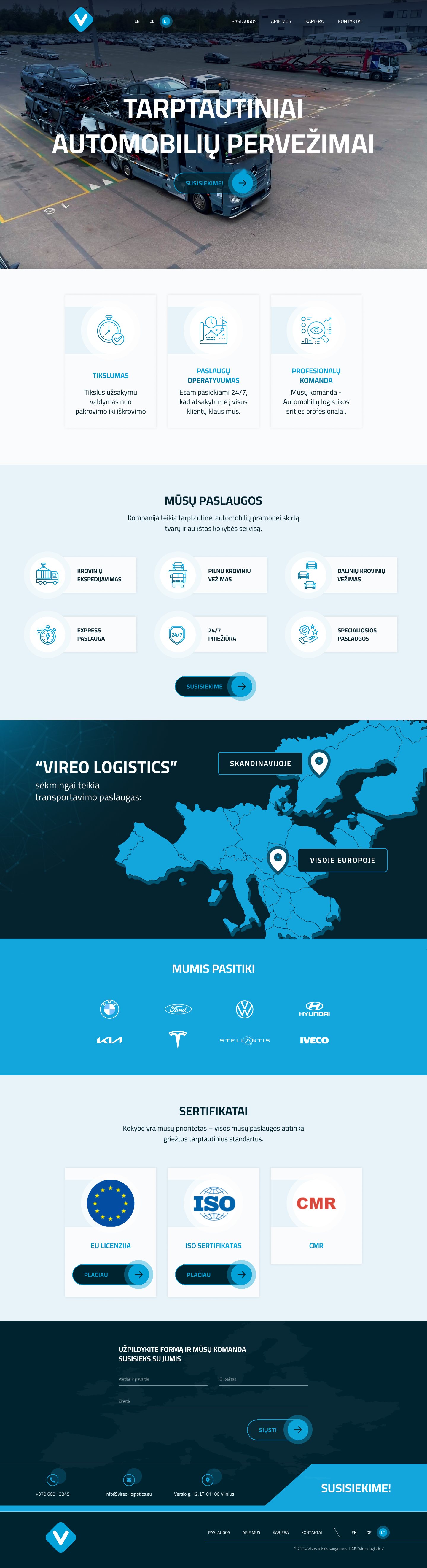 My first version of the homepage: dark photo with an all-caps headline, icon tiles, map, client logos, certificates, a short form