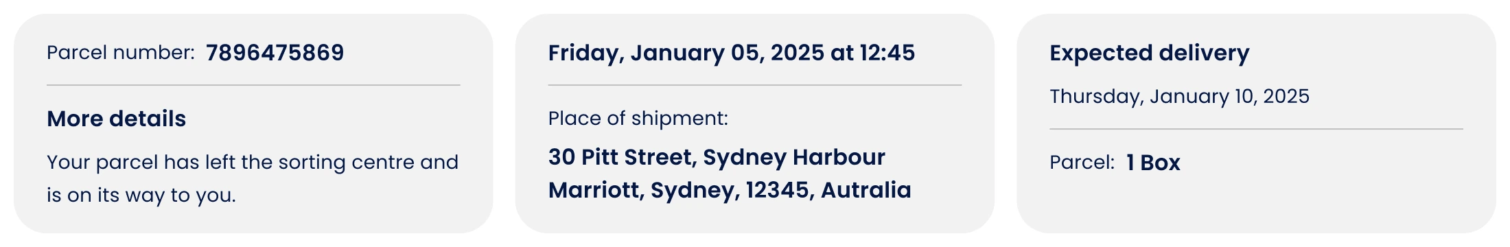 Tracking result: parcel number, place of shipment, expected delivery